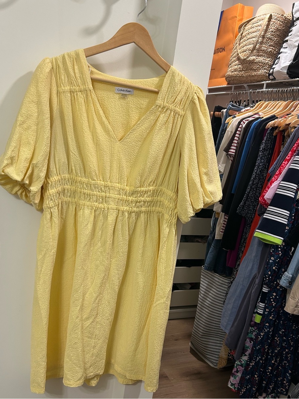Calvin Klein Yellow V-Neck Smocked Waist Dress